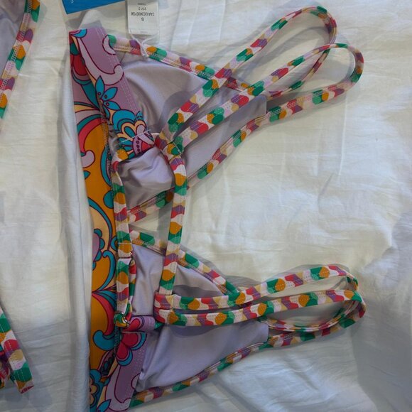 Boho Wavy Striped Strappy V-Neck Top & Cutout Bikini Set - size Small NWT - Picture 4 of 9